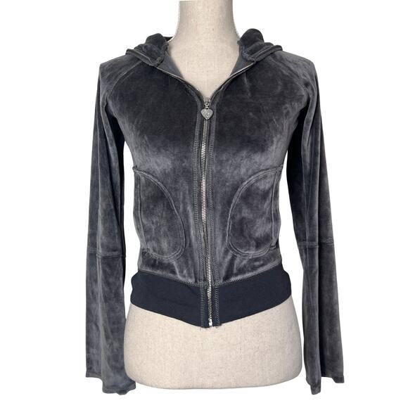TWISTED HEART Tops - Twisted Heart Velour Zip Hoodie Small Black Rhinestone Heart Charm Y2K Glam